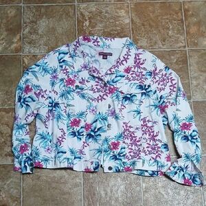 GUC Jessica London White Floral Button Up Linen Blend Metal Button Size 20